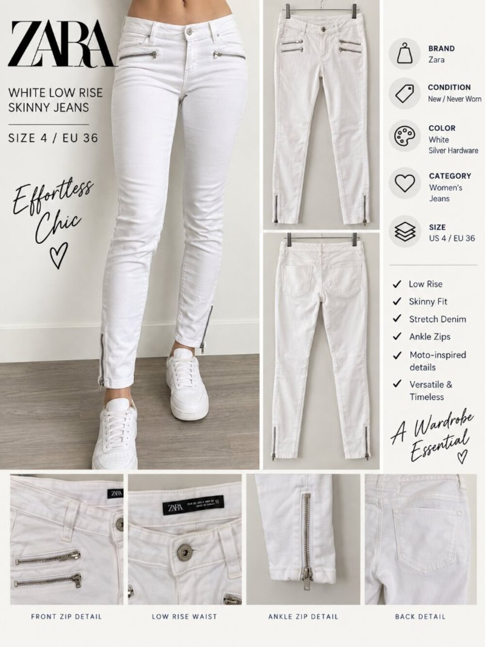 Zara NEW White Low Rise Skinny Jeans Ankle Zip Size 4